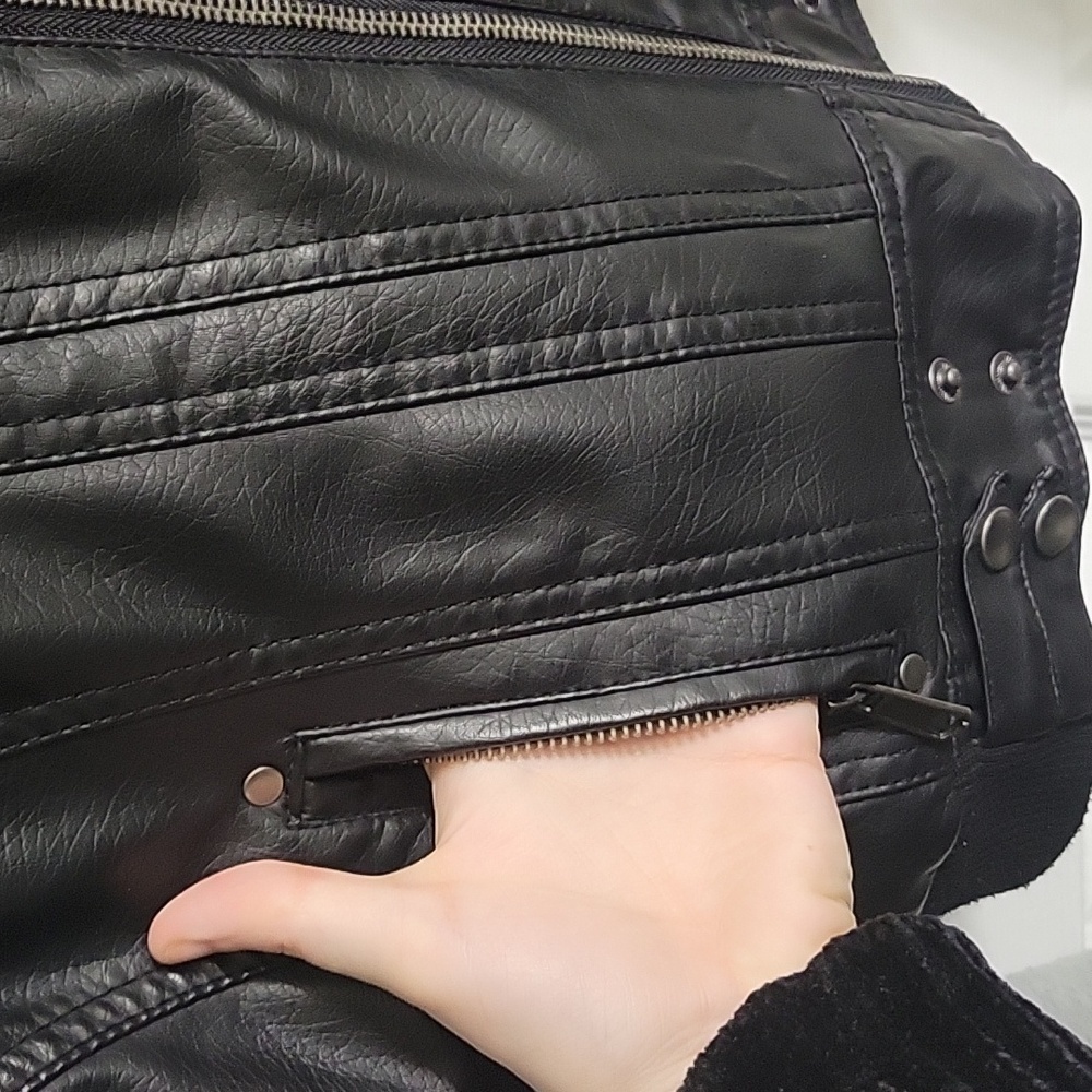 Vegan Leather / Cotton Colorblock Moto Biker Jacket - Picture 3 of 7